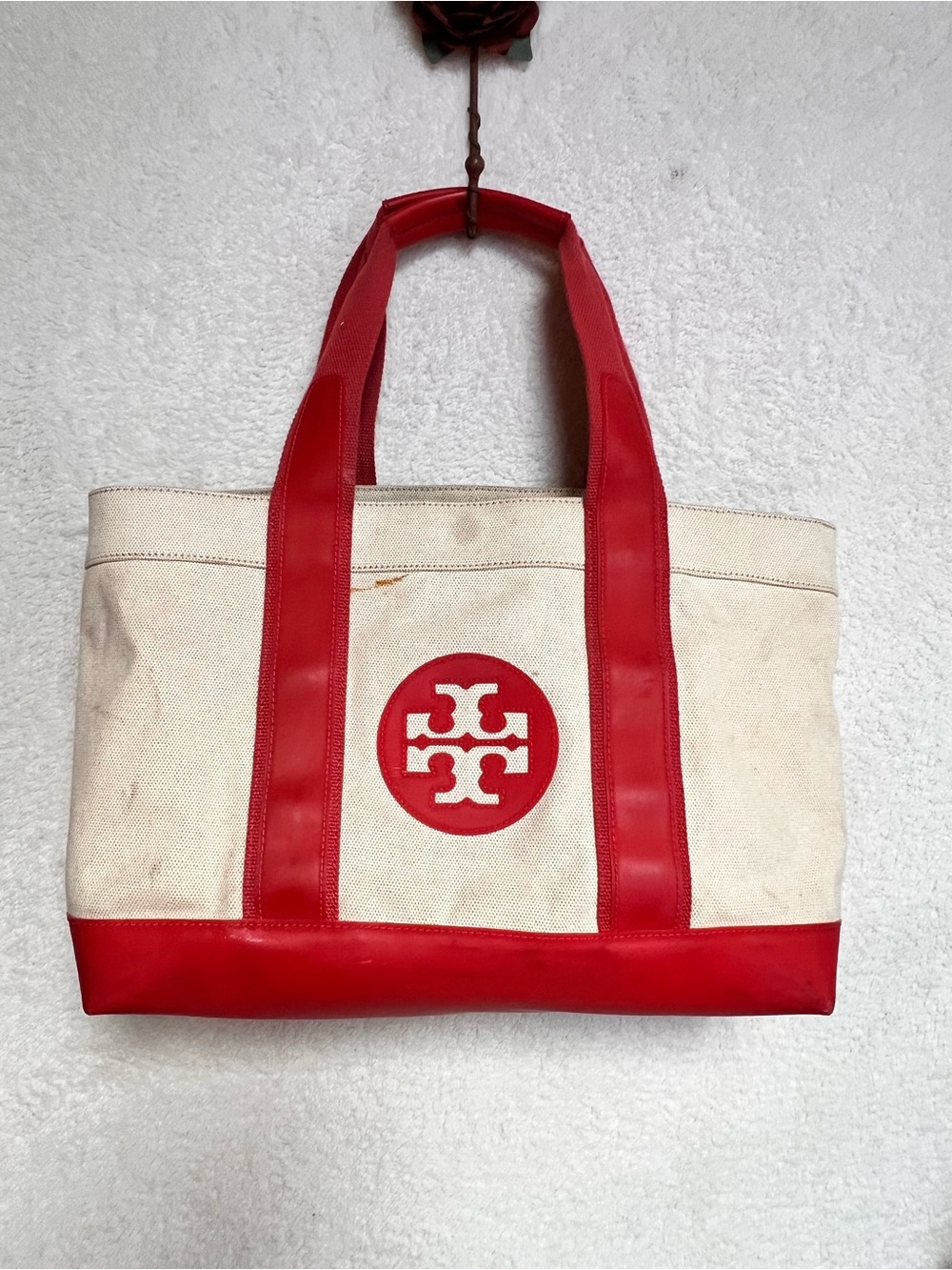 Tory Burch Red and Cream Canvas Tote with Logo